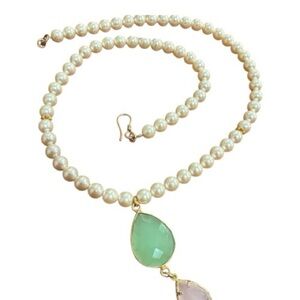 Pearl Necklace with Pink and Green Pendant Vintage Clasp NWOT